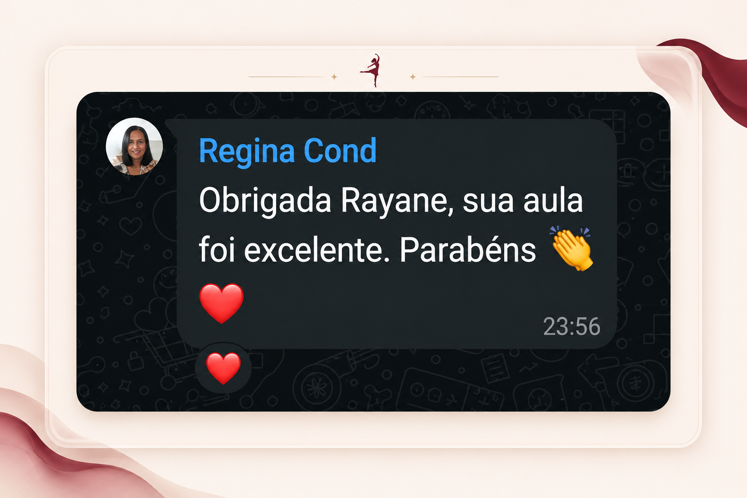 Depoimento de Regina no WhatsApp elogiando a aula da Rayanne